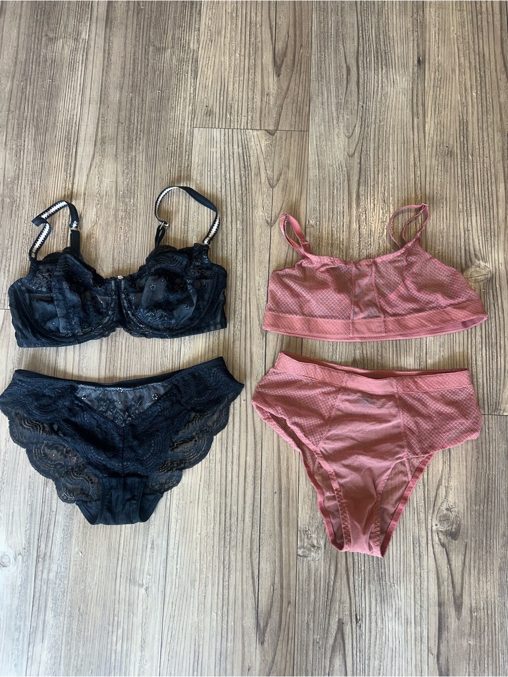 Blush Black Lace Bra & Panty Set with Pink Bralette & High-Waist Briefs